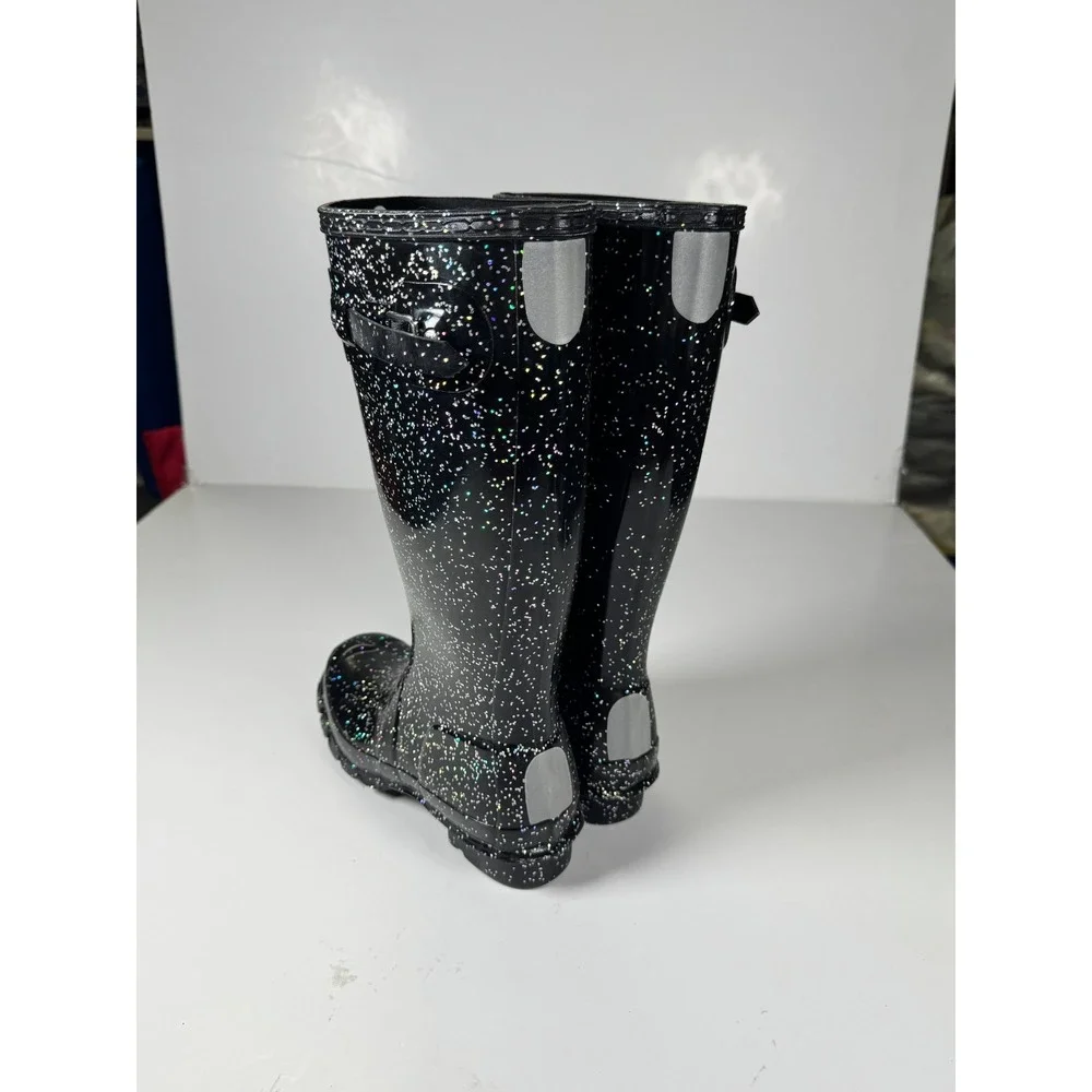 Hunter Girls US 4B Black Giant Glitter Round Toe Pull On Mid Calf Rain Boots